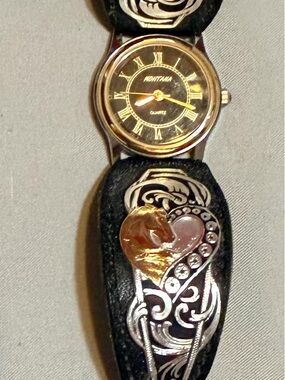Montana Silversmiths Black and Gold Heart Accent Leather Bracelet Watch